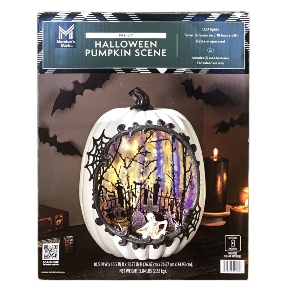Member's Mark Pre-Lit Halloween Pumpkin Scene with Warm White LED Lights, White
